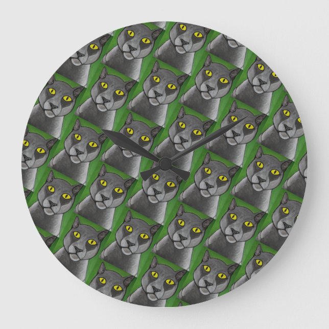 Graue Katzenwanduhr Große Wanduhr (Vorderseite)
