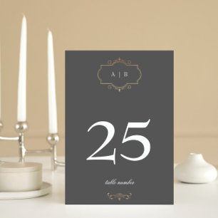 graue klassische Gold-Crest-Monogramm-Hochzeit Tischnummer