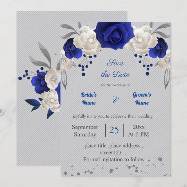 Graue, königsblaue Blume Save the Date graue Blätt Einladung (Vorne/Hinten)
