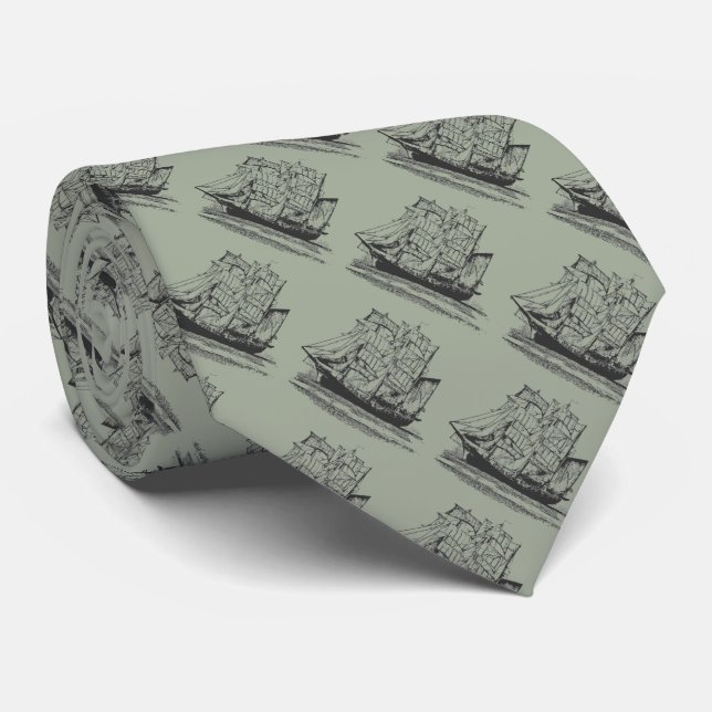 Graue Krawatte mit Black Vintag Sailing Ship (Gerollt)