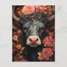 Graue Kuh mit Curly Hair in den Blume Postkarte