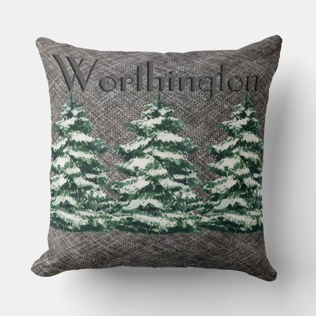 Graue Linen Snowy Evergreen Trees Name Throw Kisse Kissen (Vorderseite)