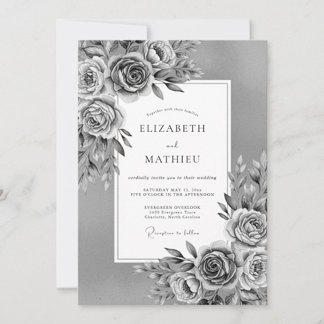 Graue malerische Blumenhochzeit Romantik Einladung (Vorderseite)