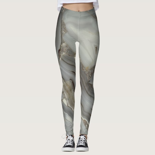 Graue Marmor mit Goldvene-Drawstring-Tasche Leggings (Vorderseite)