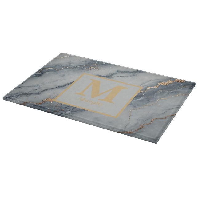 Graue Marmor mit subtilen Goldfesseln Monogramm Schneidebrett (Ecke)