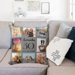Graue, maßgeschneiderte Fotocollage Geburtstag Kissen<br><div class="desc">Ein einzigartiges Geschenk für einen 50. (oder jedes Alter) Geburtstag,  feiert ihr Leben mit einer Collage von 8 Ihrer eigenen Fotos,  Bilder. Personalisieren und geben Sie ihren Namen,  Alter und Datum ein. Graue Hintergrundfarbe. Der Name ist mit einem modernen handgeschriebenen Stilskript geschrieben.</div>