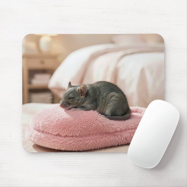 Graue Maus schläft auf einem rosa Pantoffel Mousepad (Mit Mouse)