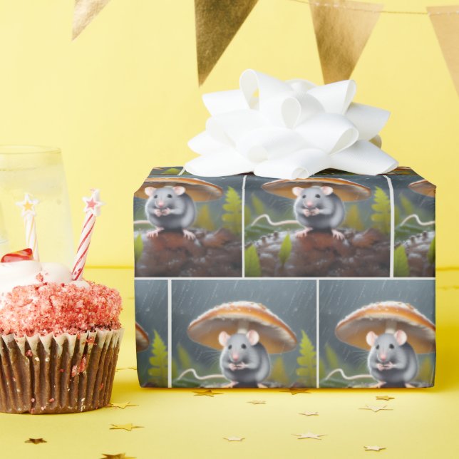 Graue Maus unter einem Toadstool Geschenkpapier (Geburtstagsparty)