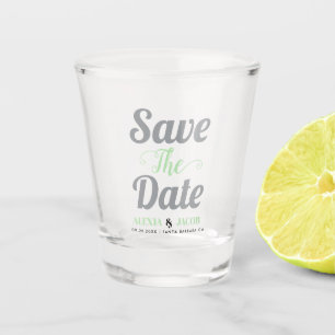Graue, minzgrüne Typografie, Namen Save the Date Schnapsglas