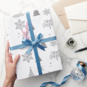 Graue, moderne Weihnachtsbaume und Schneeflocken Geschenkpapier