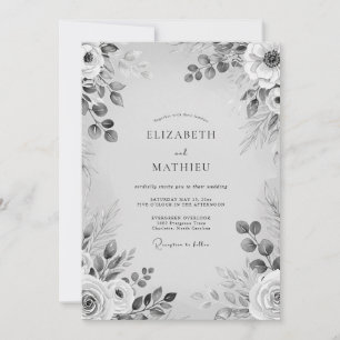 Graue monochrome Blumenromanze Hochzeit Einladung