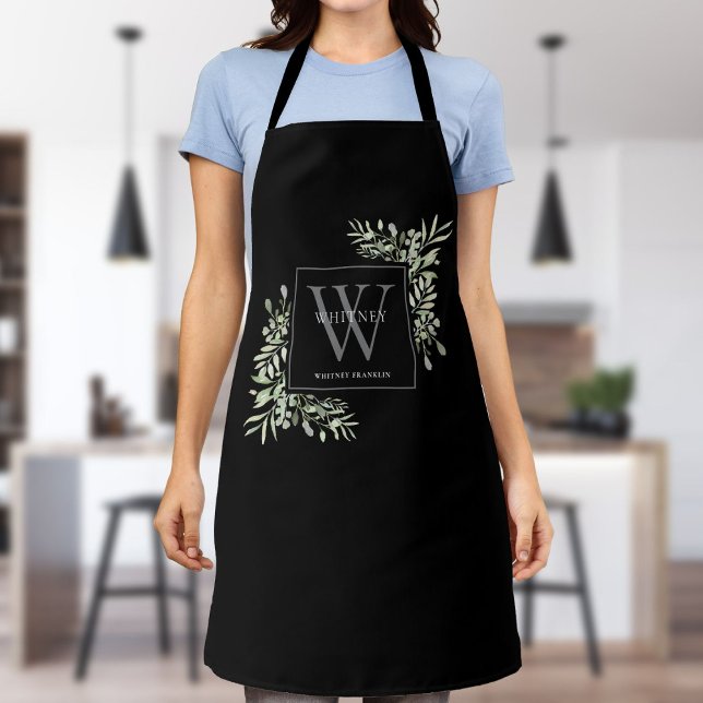Graue Monogram Aquarellgrün Blätter Schwarz Schürze (Von Creator hochgeladen)