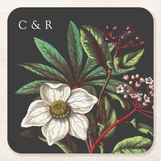 Graue Monogramme Moderne Weihnachtszeit Rose Rechteckiger Pappuntersetzer (Vorderseite)