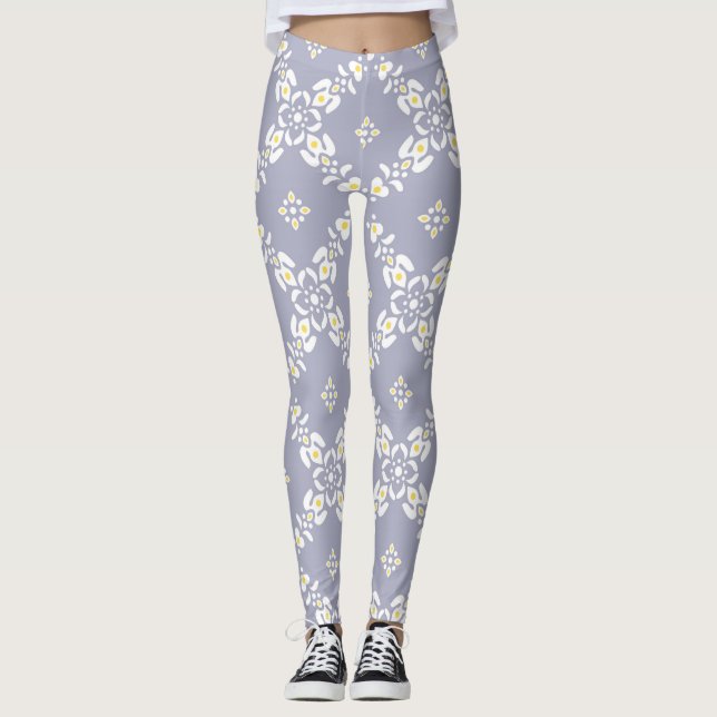 Graue Muster Blätter Blume Leggings (Vorderseite)