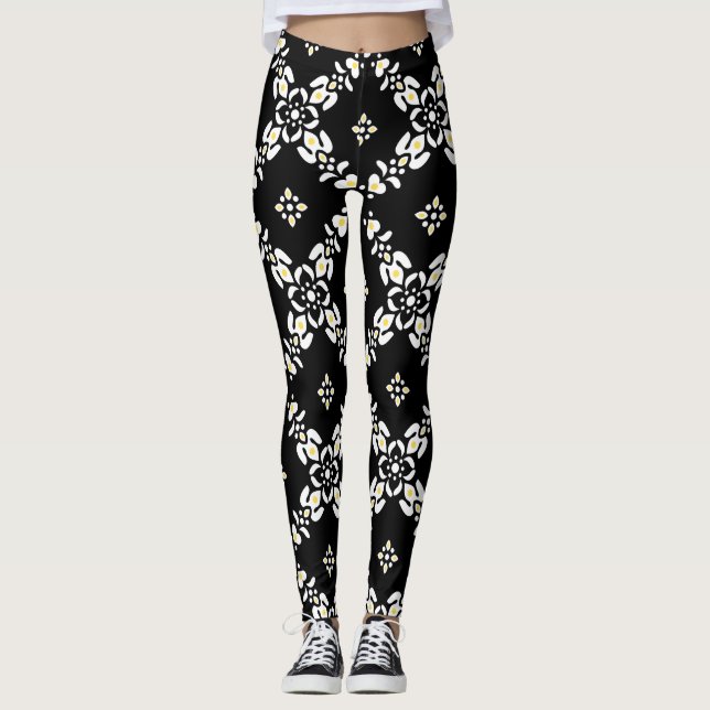 Graue Muster Blätter Blume Leggings (Vorderseite)