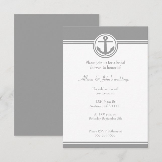 Graue Nautical Anchor Bridal Dusche Einladung (Vorne/Hinten)