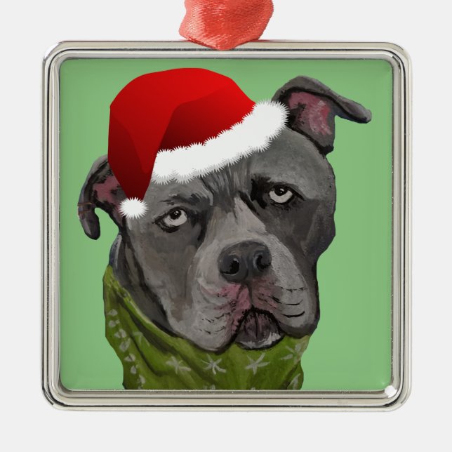 Graue Paint Pit Bull Weihnachtsmannmütze Ornament Aus Metall (Vorne)