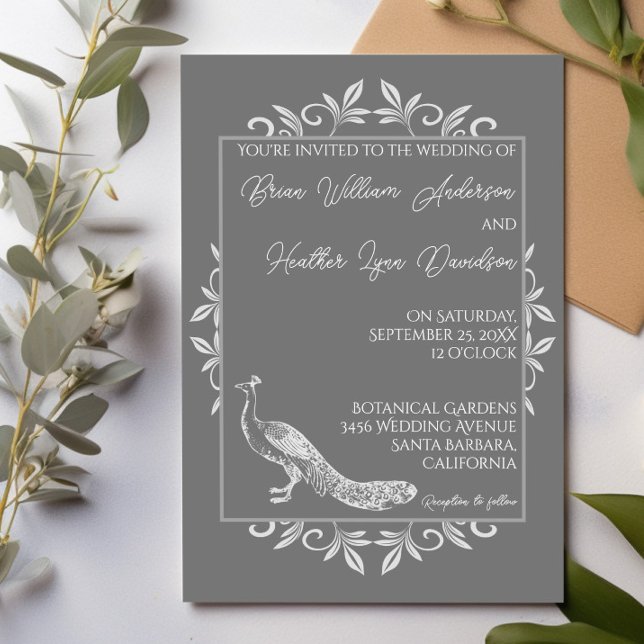 Graue Pfaue Blühe Einladung zur Hochzeit (Gray Peacock Flourish Wedding Invitation)
