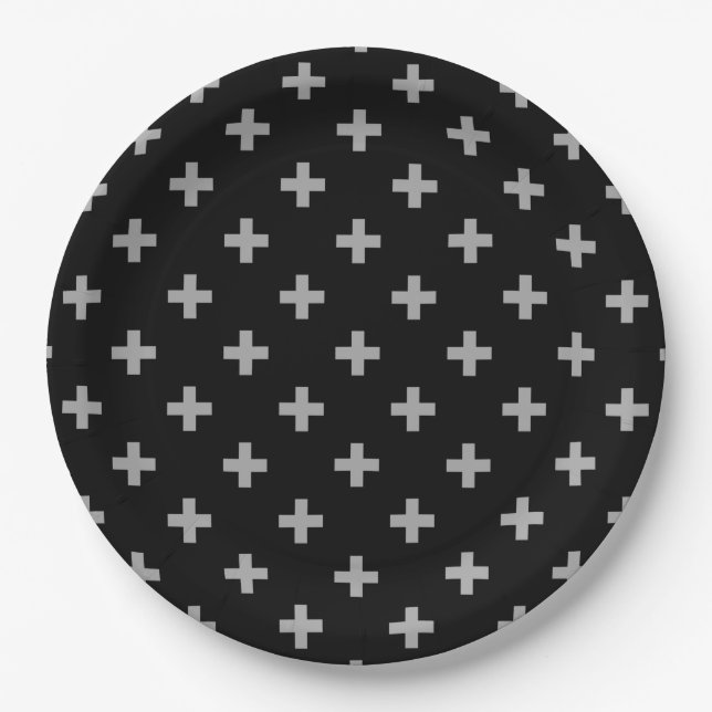 Graue Polka-Kreuze auf schwarz Pappteller (Vorderseite)