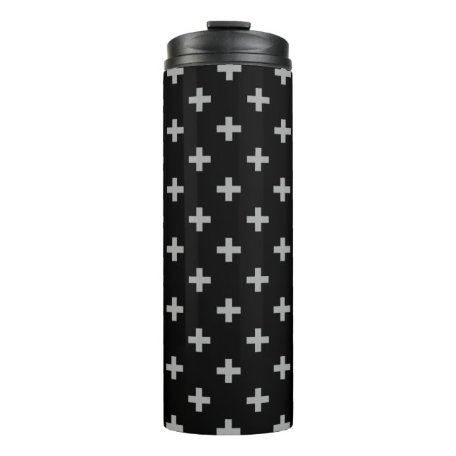Graue Polka-Kreuze auf schwarz Thermosbecher (Vorderseite)