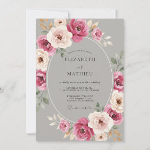 Graue Prachtvolle Rosenhochzeit Einladung