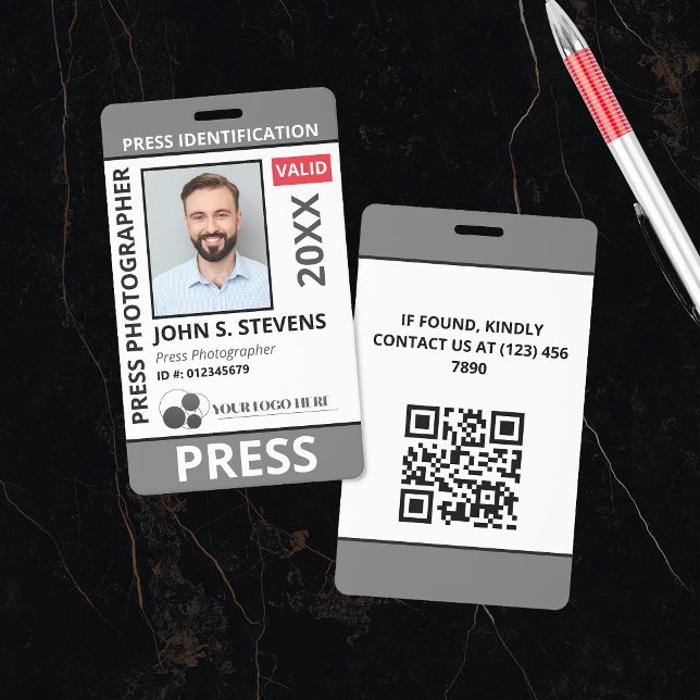 Graue Pressefoto- und Logopresse-ID-QR-Code Ausweis (Von Creator hochgeladen)