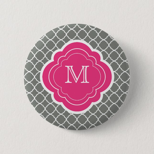 Graue Quatrefolie mit rosa Monogramm Button (Vorderseite)
