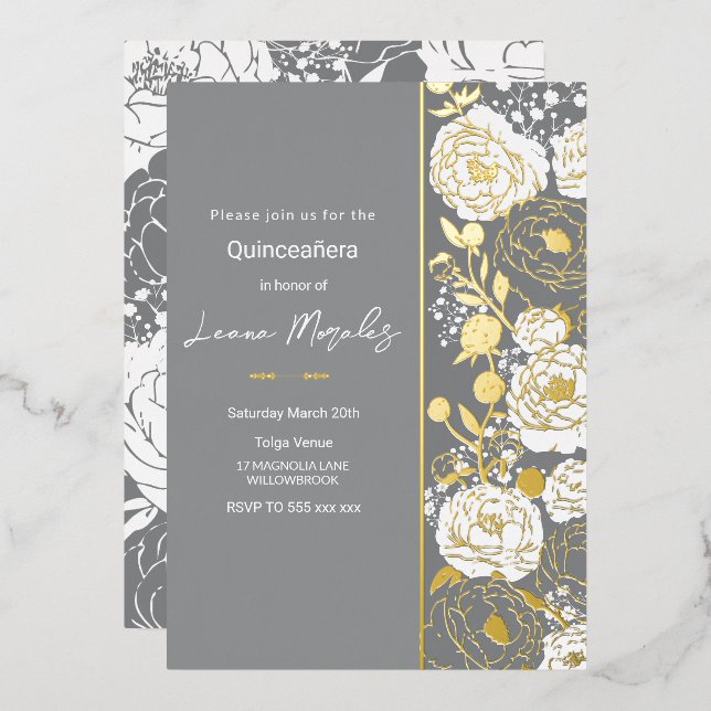 Graue Quinceañera Einladung (Vorderseite/Rückseite)