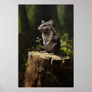 Graue Ratte auf Baumstumpf im Wald-Wandbild, dunke Poster