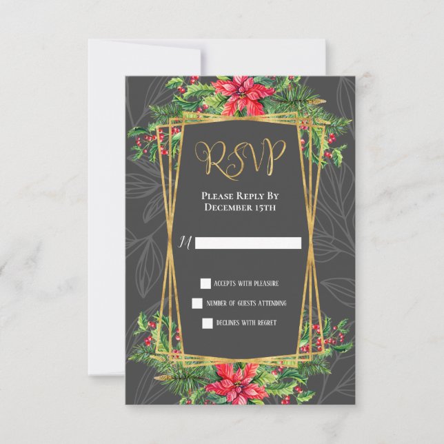 Graue Red Gold Poinsettias Christmas RSVP Card Einladung (Vorderseite)
