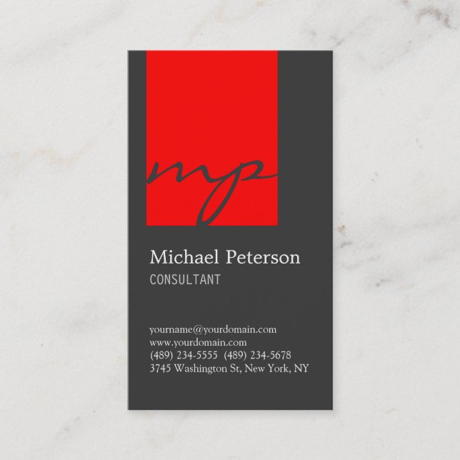 Graue Red Strip Script Monogram Business Card Visitenkarte (Vorderseite)