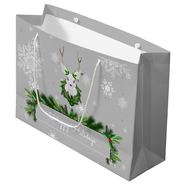 Graue Reindeer-Geschenktasche Große Geschenktüte (Vorderseite Schrägansicht)