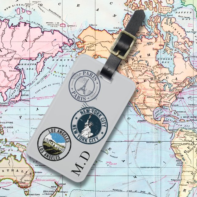 Graue Reisepass-Stempel Monogramm-Initialen Gepäckanhänger (Von Creator hochgeladen)