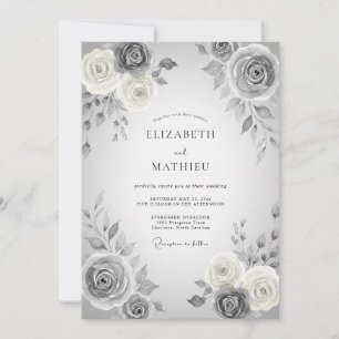 Graue Romantische Hochzeit mit Blumen Einladung
