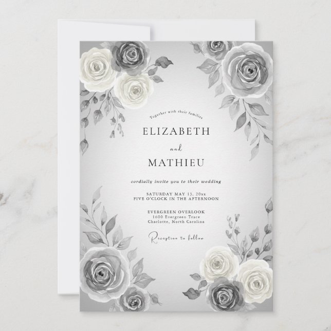 Graue Romantische Hochzeit mit Blumen Einladung (Vorderseite)