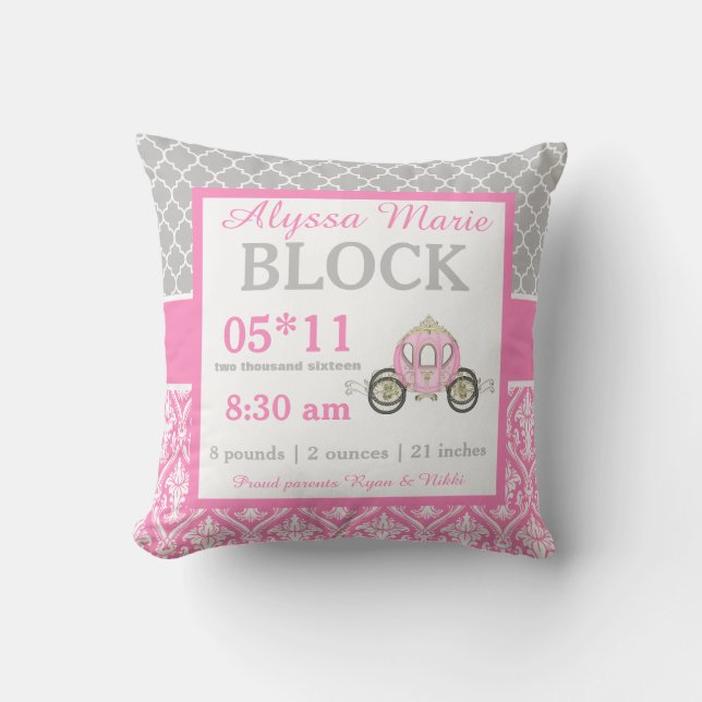 Graue rosa Prinzessin Baby Announcement Pillow Kissen (Vorderseite)