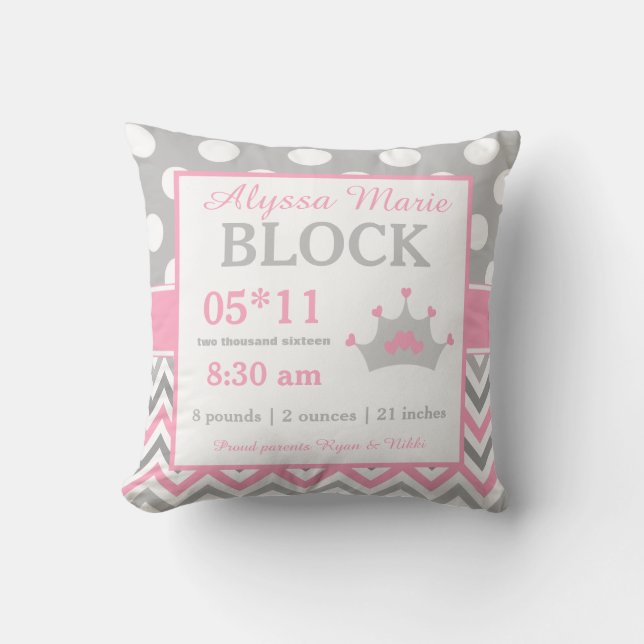 Graue rosa Prinzessin Baby Announcement Pillow Kissen (Vorderseite)
