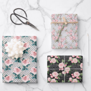 Graue Rosa Rosen Blumennoten Geschenkpapier Set