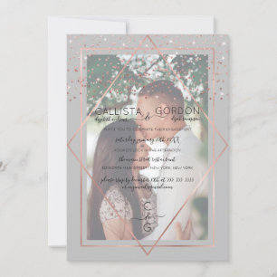 Graue Rose Gold Confetti Border Foto Verlobung Einladung