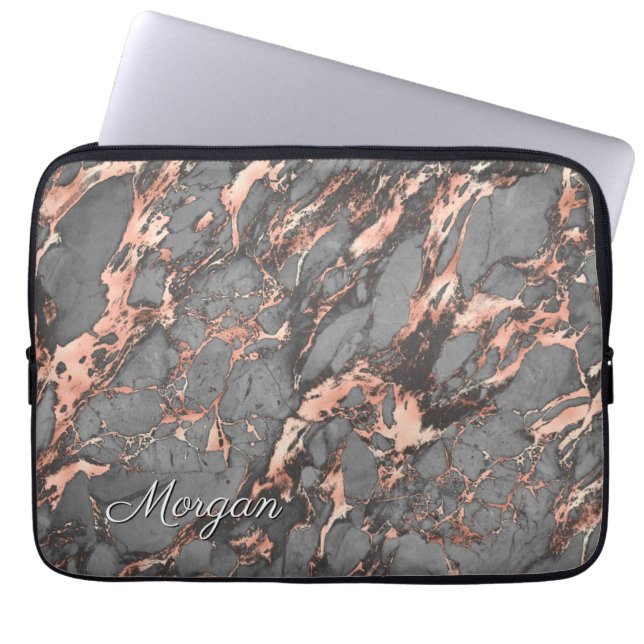 Graue Rose Gold Marmor, Name oder Monogramm Laptopschutzhülle (Vorderseite)