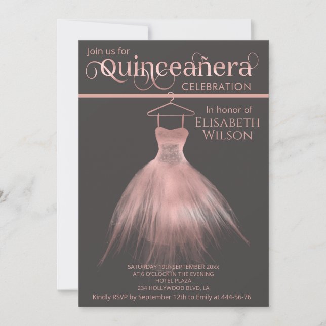 Graue Rose Goldkleid Kalligraphie Quinceañera Einladung (Vorderseite)