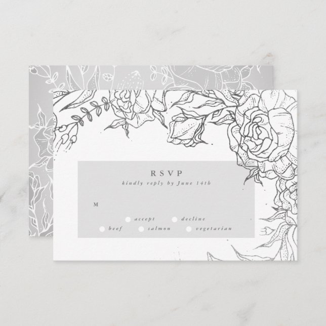 Graue Rose Ultimate Silver Elegante Blumenhochzeit RSVP Karte (Vorne/Hinten)