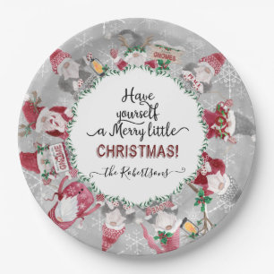 Graue Rote Nomaden Merry Little Christmas Schneefl Pappteller