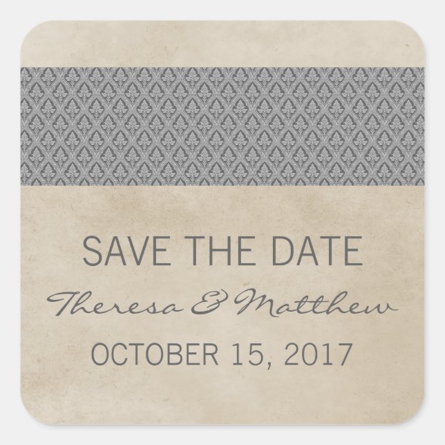 Graue Rustikale Damaskus Save the Date Stickers (Vorderseite)