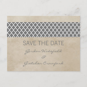 Graue rustikale Quatrefolie Save the Date Postkart Ankündigungspostkarte