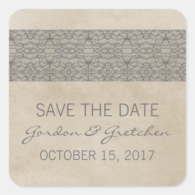 Graue Rustikale Spitzen Save the Date Aufkleber (Vorderseite)