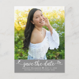 Graue Save the Date Abschluss Foto Script Hearts Einladungspostkarte