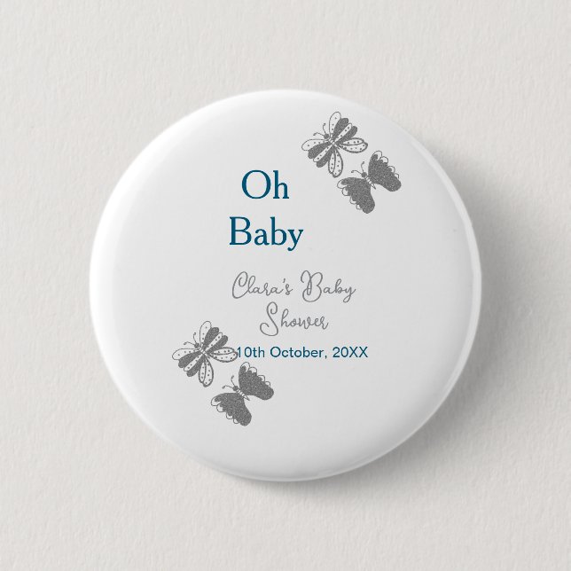 Graue Schmetterlingsblauer Babydusche - Babybett Button (Vorderseite)
