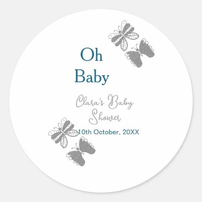 Graue Schmetterlingsblauer Babydusche - Babybett Runder Aufkleber (Vorderseite)