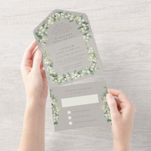 Graue Schneebeere + Eukalyptus Hochzeitsempfang All In One Einladung